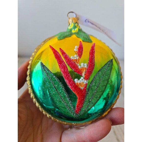Bird of paradise flower glass ornament remember Poland glitter gold Xmas tree - Picture 2 of 9